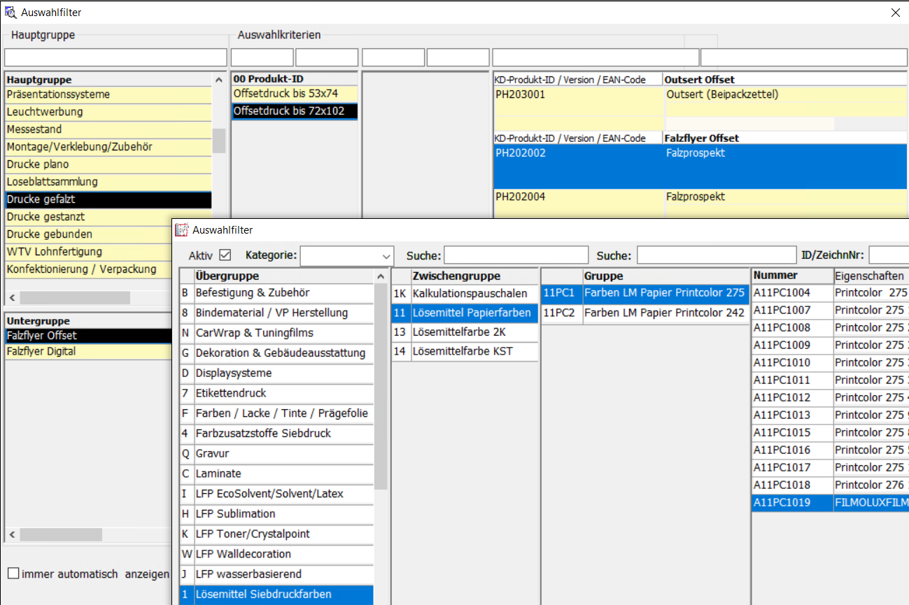 Artikelvorlagen in APL-System